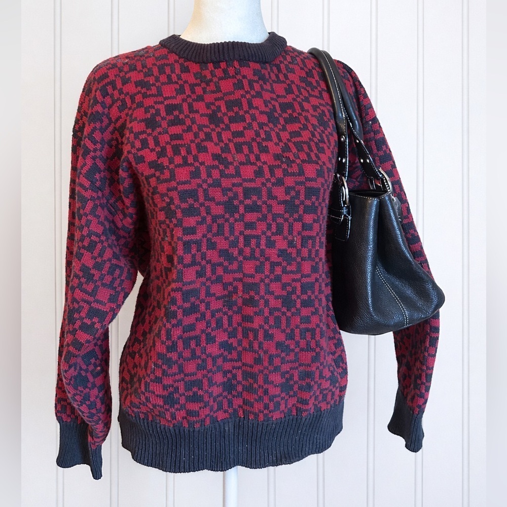 Vintage Red Black Geometric Knit Sweater Abstract Pixel Pattern Cozy Retro XL